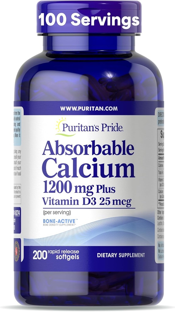 Puritan's Pride Απορροφήσιμο Ασβέστιο 1200 mg Plus Βιταμίνη D3 25mcg 1000 IU με Bone-ActiveTM, 200 Rapid Release Softgels