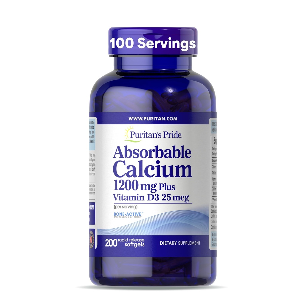 Puritan's Pride Absorbable Calcium 1200 mg Plus Vitamin D3 25mcg 1000 IU with Bone-Active™, 200 Rapid Release Softgels