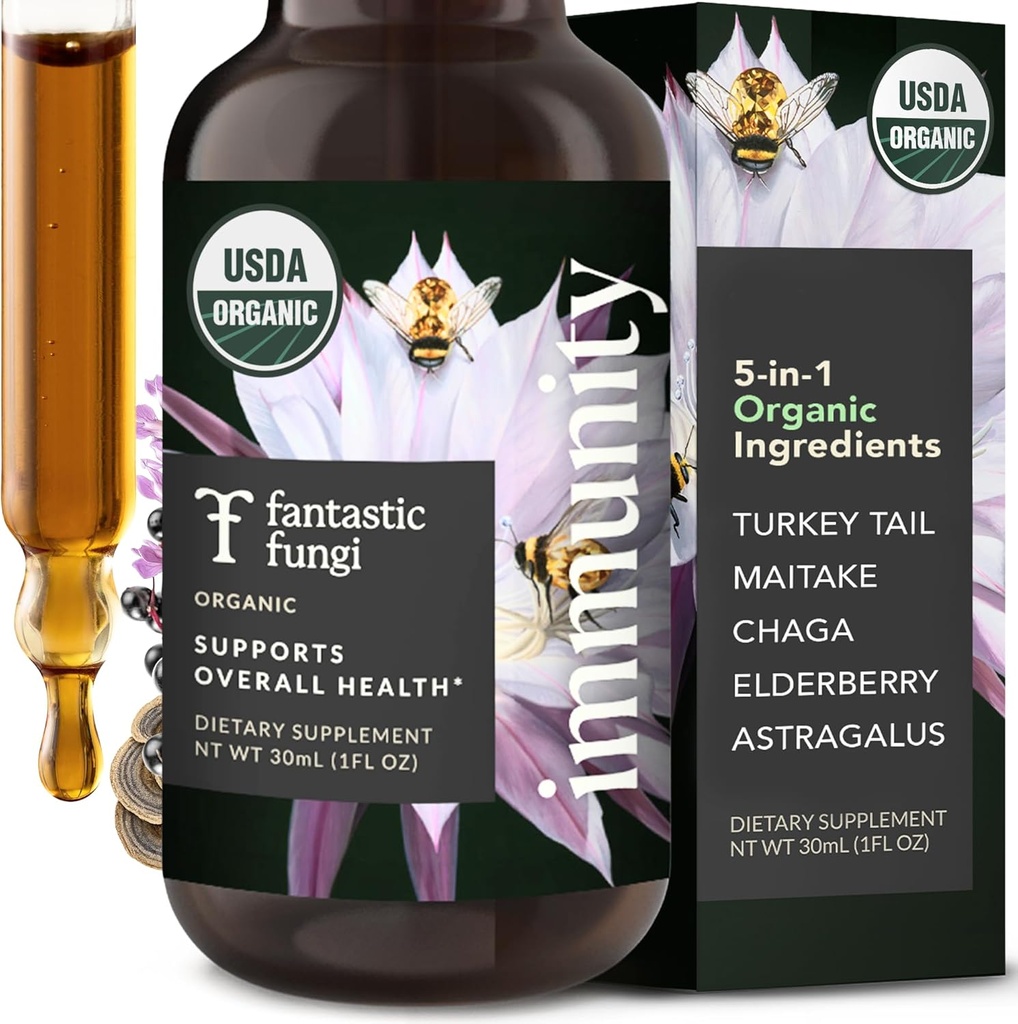 Fantastic Mungi Mushroom Extract Drops - Ανοσία Elixir με το εκχύλισμα μανιταριών ουράς της Τουρκίας, Maitake, Elderberries, Chaga & Astragalus - 5-σε-1 συμπλήρωμα υποστήριξης οργανικού ανοσοποιητικού, 30 υπηρεσίες, 1 fl oz