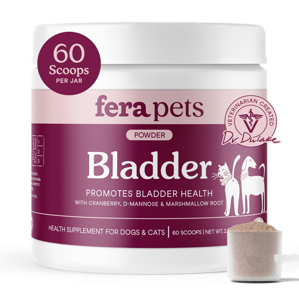 Fera Pets Bladder Support - Βατόμουρο για σκύλους & γάτες - D-Mannose & Marshmallow Root - Ουρολοίμωξη Φυλλαδική Υποστήριξη - Υποστηρίζει φυσιολογικό pH ούρων - Ενισχύει την ασυλία - 60 Scoops