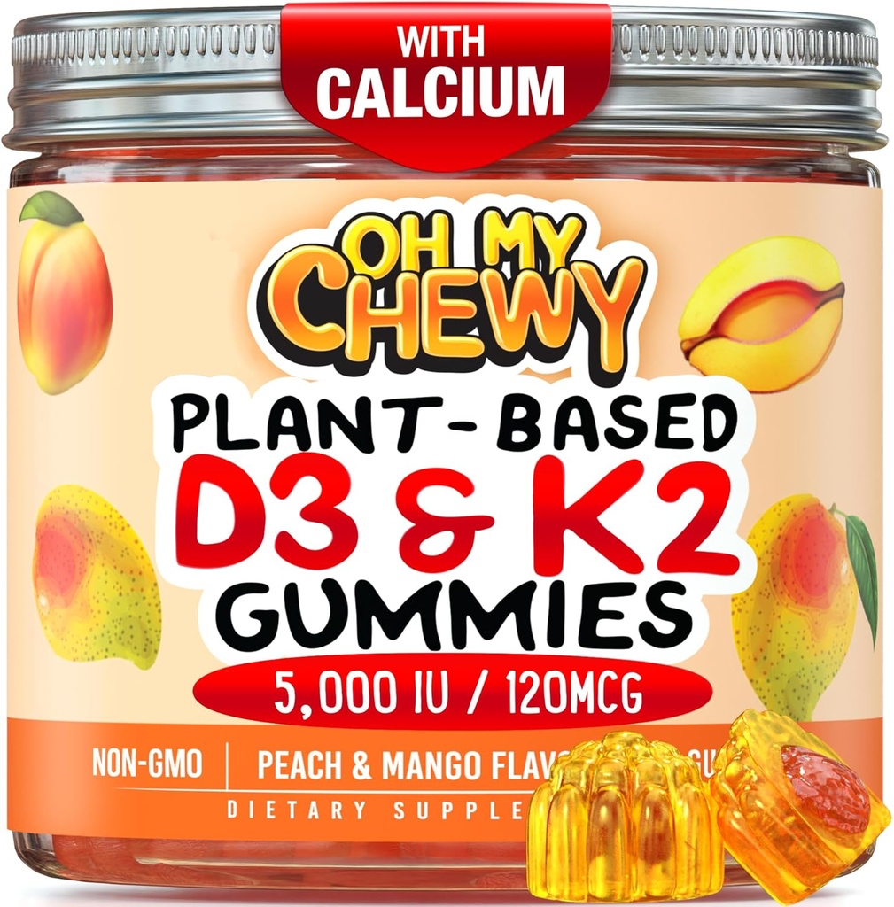 Θερμοφιλημένη βιταμίνη D3 K2 Gummies - Παιδιά, Έφηβοι & Ενήλικες - Συμπλήρωμα για υγιή δόντια, οστά, ενέργεια και ανοσία - 5000 IU D3, 120 mcg K2(MK-7), 120 mg Ασβέστιο - Vegan & Non-GMO - 120 Count