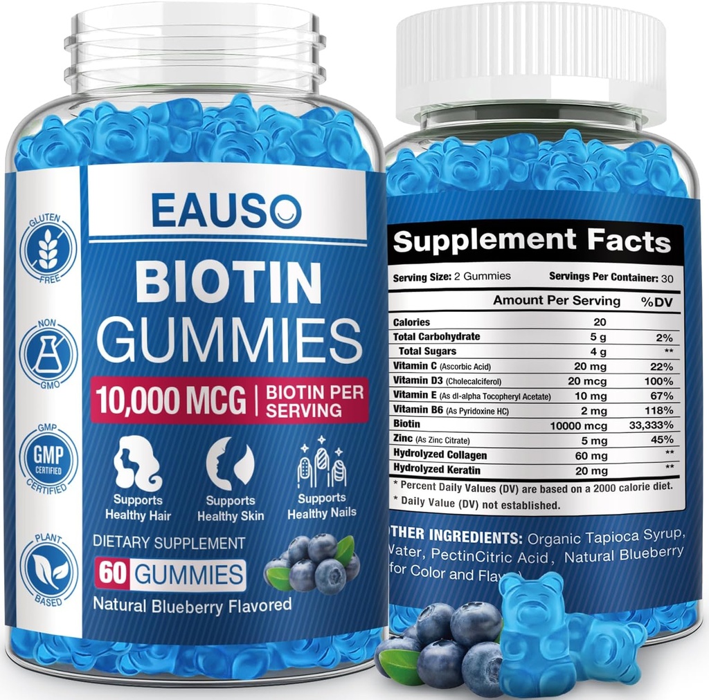 Επιπλέον δύναμη Biotin Gummies 10.000mcg για ισχυρότερη μαλλιά, δέρμα & νύχια - 60 Gummies - Vegan, μη GMO, συμπλήρωμα υγείας