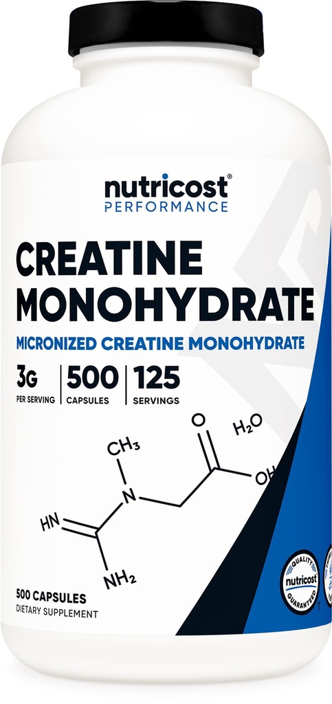Nutricost Micronized Creatine Monohydrate 3.000mg 500 Κάψουλες, 125 Σερβιέτες, 750mg Creatine Monohydrate ανά κάψουλα