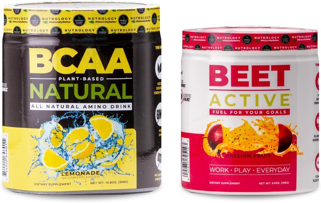 Nutrology BCAA Natural, Plant Based BCAA Powder, Lemonade Flavor (30 Services) Beet Active, Natural Pre-Workout Powder, Passion Fruit Flavor (30 Services)