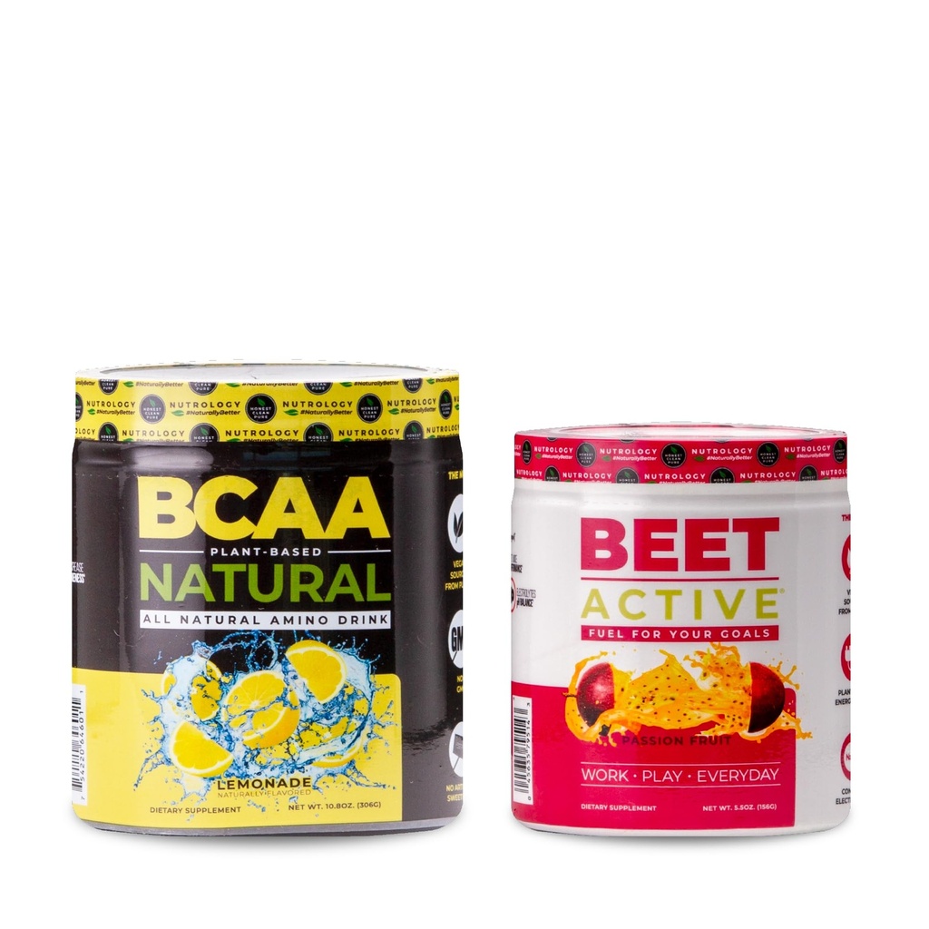 Nutrology BCAA Natural, Plant Based BCAA Powder, Lemonade Flavor (30 Services) Beet Active, Natural Pre-Workout Powder, Passion Fruit Flavor (30 Services)