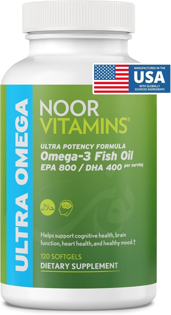 Noor Vitamins Halal Fish Oil, Halal Vitamins, Ultra Omega 3 Wild Peruvian Fish (800 mg EPA & 400 mg DHA) Heart, Brain & Joint Support, Non-GMO and Gluten Free (120 Count)