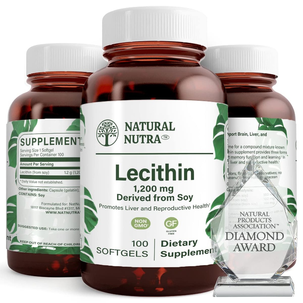 Natural Nutra Soy Lecithin 1200 mg Συμπλήρωμα διατροφής - λειτουργία εγκεφάλου, υγεία ήπατος, Hepls υγεία του μαστού, συμπλήρωμα ενίσχυσης μνήμης - χωρίς γλουτένη, BPA-free, 100 Softgels σε ανακυκλώσιμα γυάλινα μπουκάλια