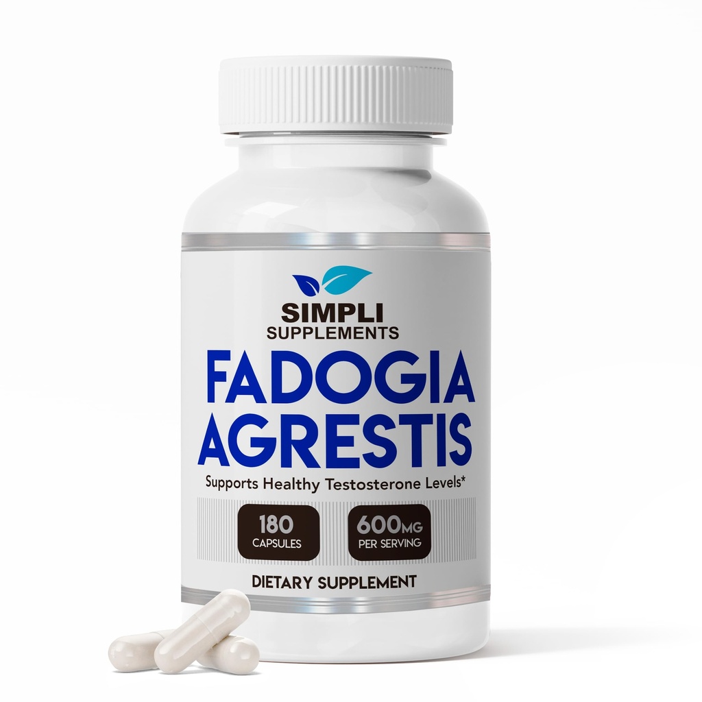 Simpli Supplements Fadogia Agrestis 600mg for Natural Testosterone Support | Promotes Muscle Growth, Energy, Drive, Stamina, and Mood | Non-GMO, Vegan, Gluten-Free | 180 Capsules