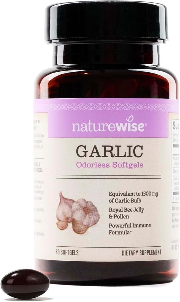 NatureWise Odorless Garlic Pills - με Royal Bee Jelly & Pollen - Βότανο συμπλήρωμα για την υγεία της καρδιάς + ανοσοποιητικό σύστημα + Αντιοξειδωτικά - Χωρίς γλουτένη, μη ΓΤΟ - 60 Softgels [2-Month Supply]