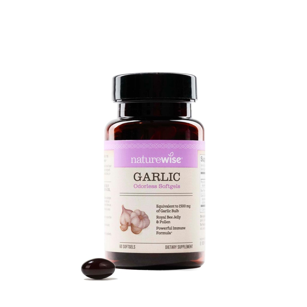NatureWise Odorless Garlic Pills - with Royal Bee Jelly & Pollen - Herbal Supplement for Heart Health + Immune System + Antioxidants - Gluten Free, Non-GMO - 60 Softgels [2-Month Supply]