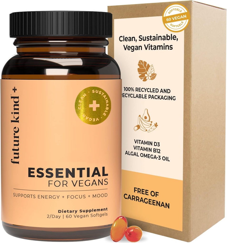 Future Kind Vegan Multivitamins - Γυάλινη φιάλη & Φτιαγμένη για Vegans με Omega 3 DHA, EPA, Βιταμίνη B12 & D3 για την ενέργεια, Focus, & Mood (60 Softgels)