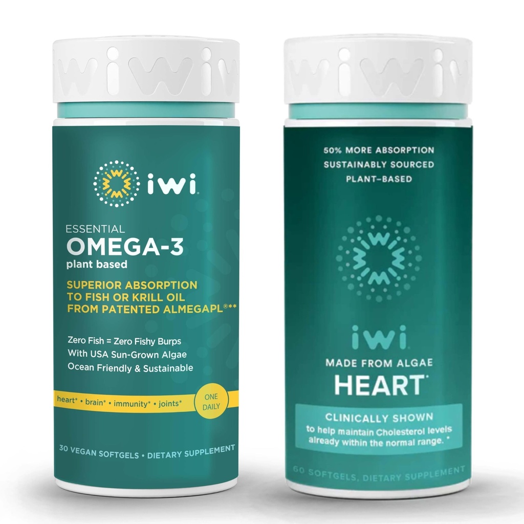 Iwi Omega-3 Essential & Heart Omega-3 Bundle, 30 εξυπηρετήσεις, Vegan Plant-based Algae Omega 3, Krill & Fish Oil Εναλλακτική, Δεν Fishy Επίγευση