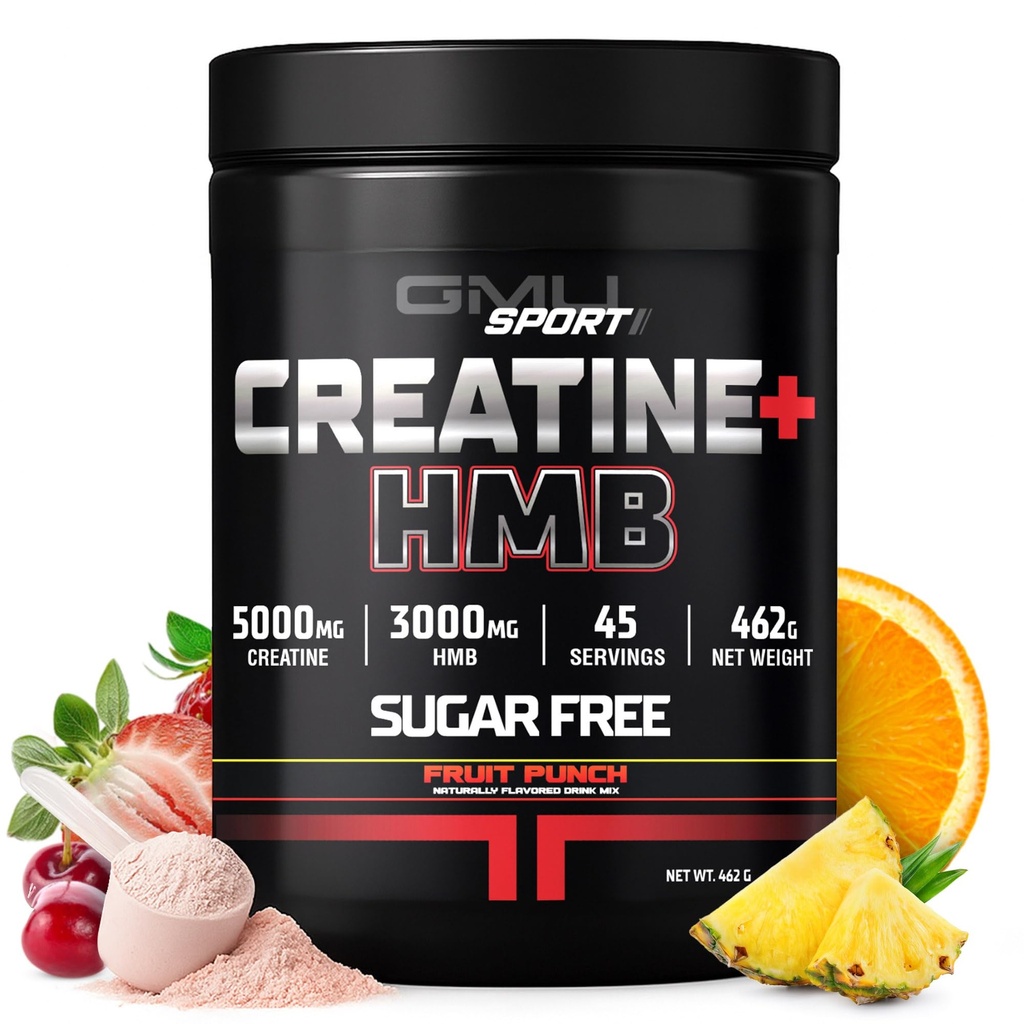 GMU SPORT - Creatine Monohydrate with HMB Powder - 45 Servings, Createine HMB Συμπληρώματα, Createine with HMB for Aυξημένη δύναμη, μυϊκή ανάπτυξη & ενισχυμένη ενέργεια, 3G HMB / Fruit Punch