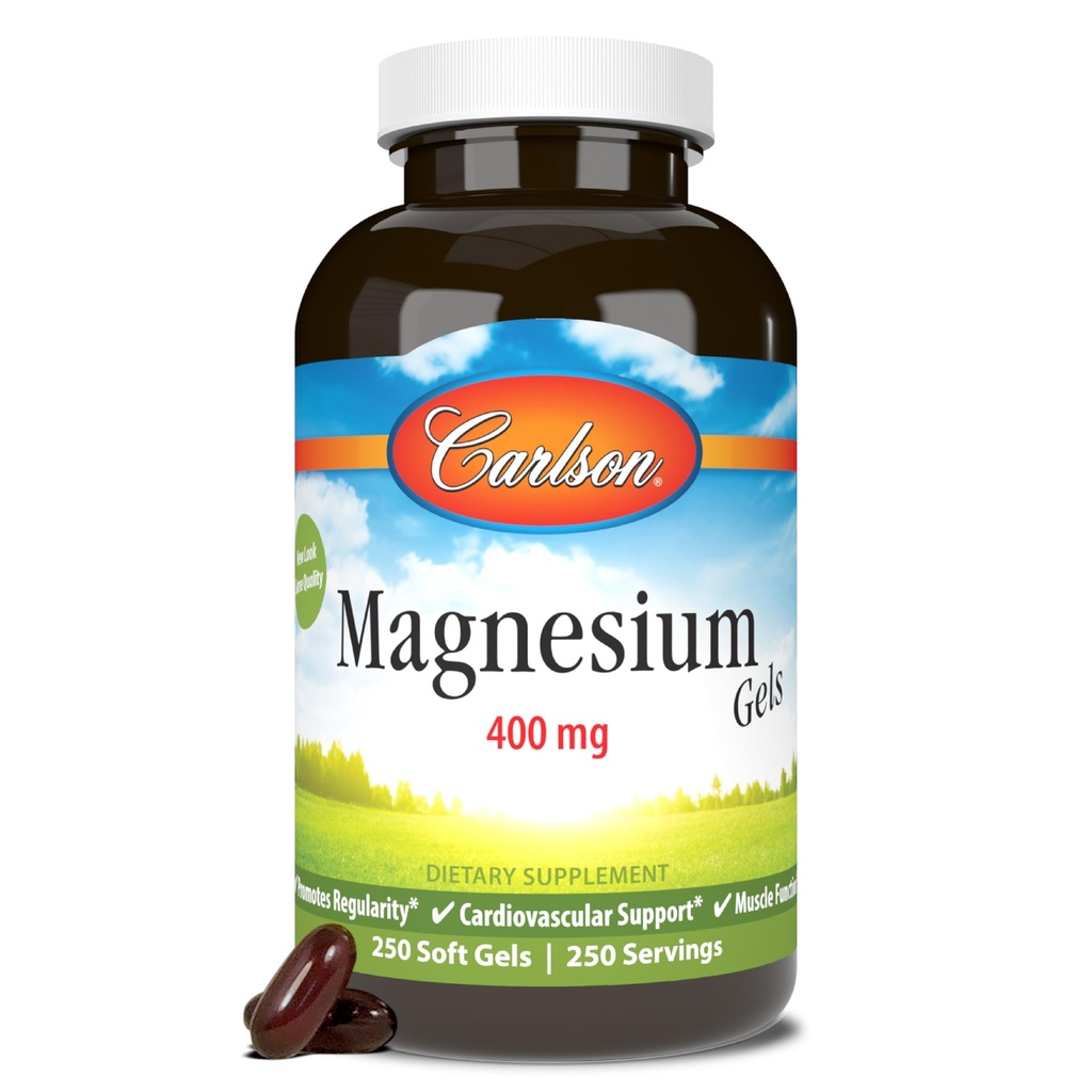Carlson - Γέλη μαγνησίου, 400 mg Μαγνησίου ανά Softgel, υποστήριξη καρδιάς & μυών, Γέλη μαγνησίου, λειτουργία του εντέρου, συμπλήρωμα μαγνησίου, 250 Softgels