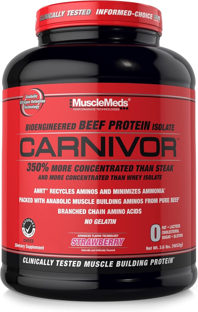 MuscleMeds Carnivor Beef Protein Isolate, 0 Lactose, 0 Sugar, 0 Fat, Halal Certified, Strawberry, 3.9lb, 56 Servings, 3.9lb