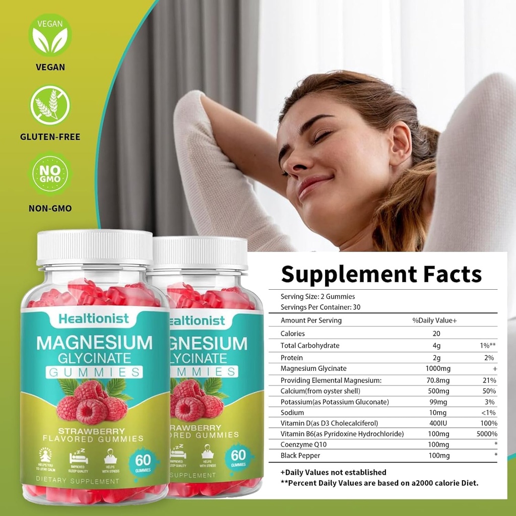 1 Συσκευασία Μαγνήσιο Γλυκινικό Gummies για ενήλικες & παιδιά, καλύτερο συμπλήρωμα μαγνησίου Gummy για τον ύπνο, το άγχος και την ανακούφιση των μυών & νευρική υγεία, 60 μετρητές ήρεμους Gummies