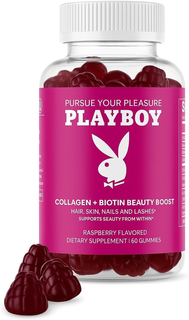 Playboy - Collagen + Biotin Beauty Boost Gummies for Hair, Skin, Nails & Lashes (60 Gummies) - Βατόμουρο Γεύση Βιοτίνη & Collagen Συμπλήρωμα για γυναίκες & άνδρες - Μη ΓΤΟ, Χωρίς γλουτένη, Χωρίς καρύδι Gummy