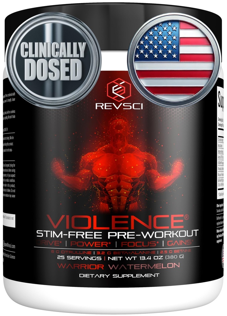 VIOLENCE Stim Free Pre Processing Powder by REVSCI, Ακρίβεια Dosed Non Stim Preworkout Pump Pre Workout Caffeine Free Pre Processing Powder, Pump Supplement & Simulant Free Nitric, Watermelon, 25 Servings