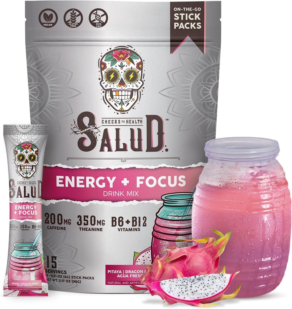 Salud 2-in-1 Energy Drink Powder + Focus, Dragon Fruit, Organic Caffeine, B6 + B12, Theanine, Καθαρή ενέργεια Ποτά Πακέτα, Pitaya Agua Fresca Mix, Μη-GMO, Χωρίς γλουτένη, Vegan, 1g της ζάχαρης, (15 υπηρεσίες)