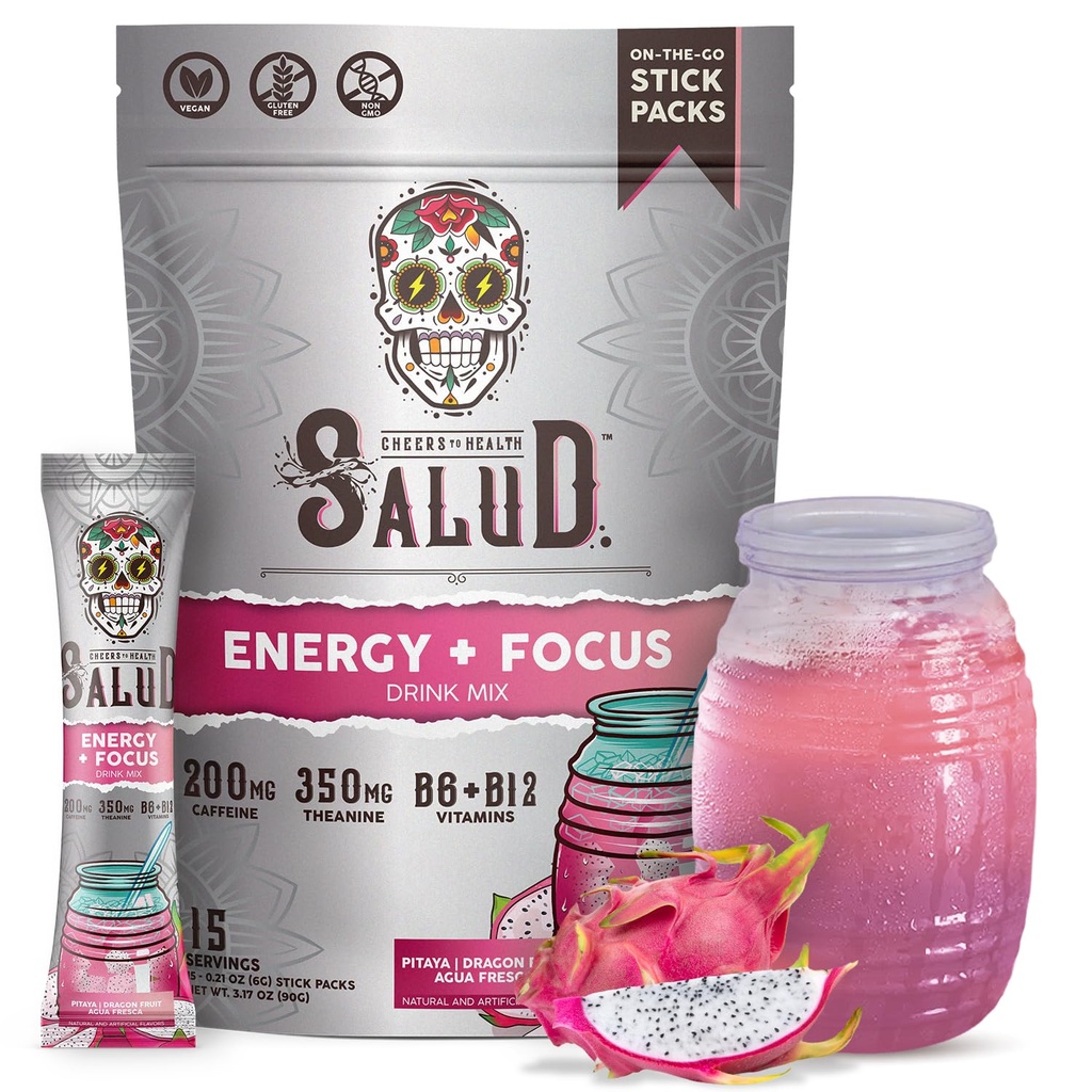 Salud 2-in-1 Energy Drink Powder + Focus, Dragon Fruit, Organic Caffeine, B6 + B12, Theanine, Καθαρή ενέργεια Ποτά Πακέτα, Pitaya Agua Fresca Mix, Μη-GMO, Χωρίς γλουτένη, Vegan, 1g της ζάχαρης, (15 υπηρεσίες)