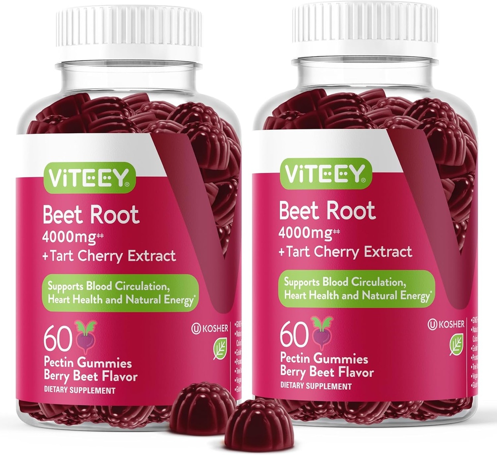 Viteey Beet Root Gummies με ταρτάρ Cherry - Beetroot συμπλήρωμα για την υγεία της καρδιάς, υποστήριξη αρτηριακής πίεσης - Vegan, χωρίς γλουτένη - 120 Count
