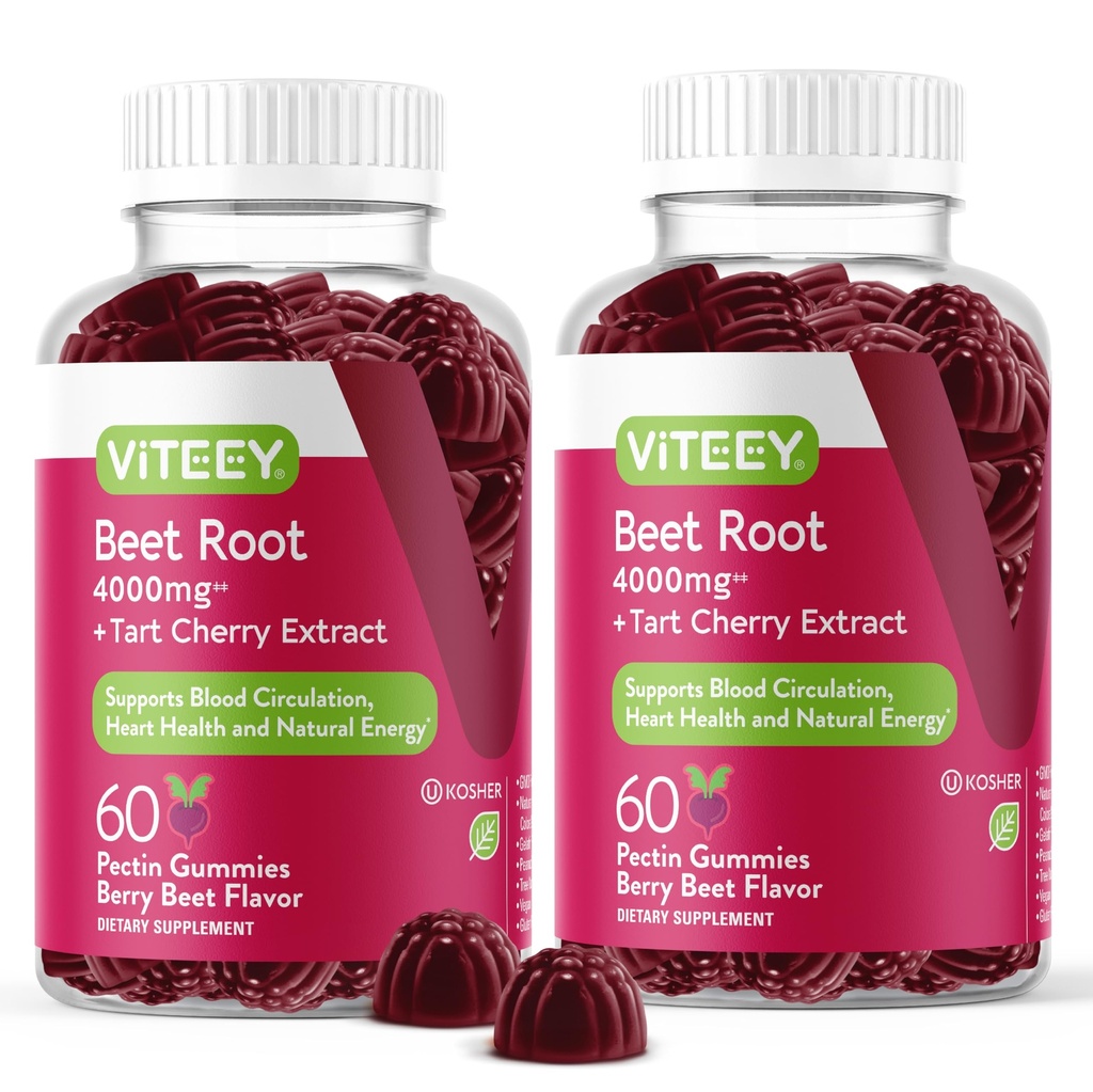 Viteey Beet Root Gummies 4000mg [from 80mg of 50:1 Extract] with Tart Cherry - for Healthy Blood Pressure Support - Vegan, Gelatin Free, Gluten Free-Tasty Chewable Berry Beet Flavored Gummy-120 Count