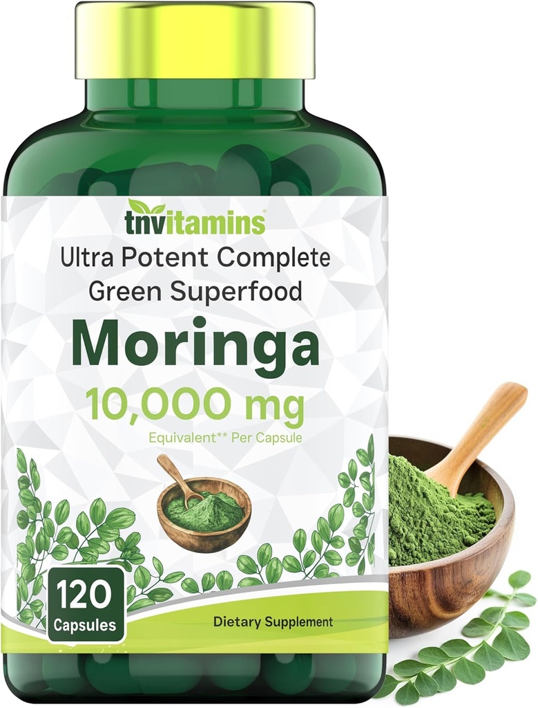 tnvitamins Moringa Capsules 10,000 mg - 120 Capsules | Pure Moringa Oleifera Leaf Powder Supplement | Powerful Green Superfood | Super Greens Powder Pills | Non-GMO, Made in The USA!