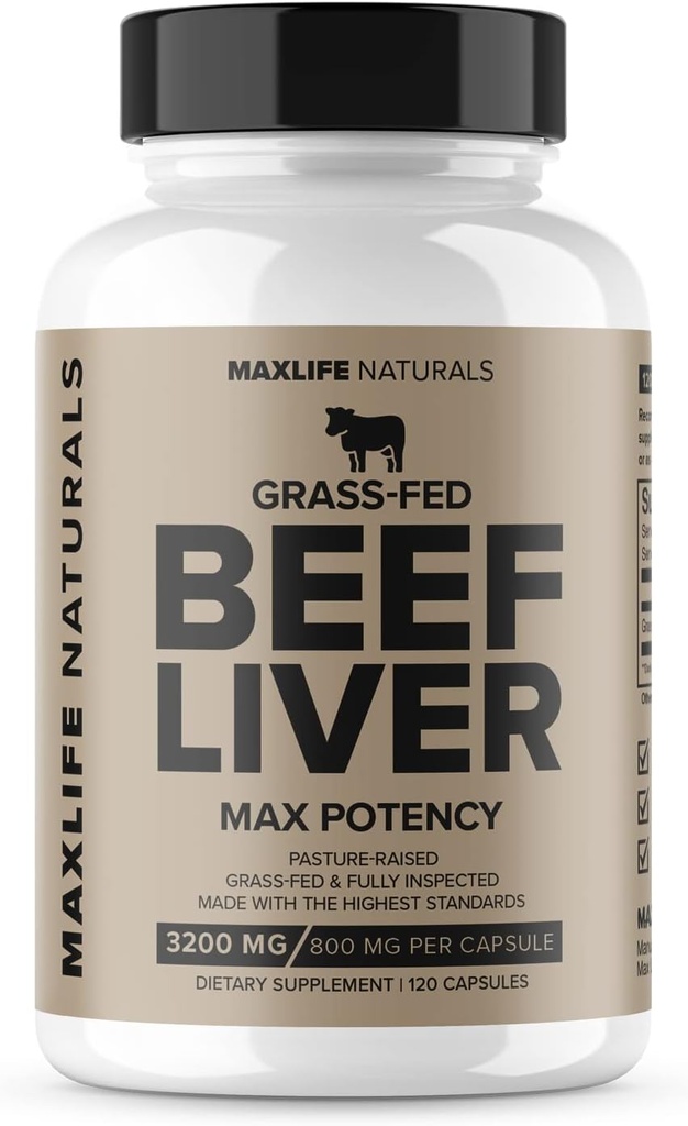 Grass Fed Beef Liver Supplement (Desiccated) 3200mg - 120 Μη ΓΤΟ Grass Fed Beef Liver Capsules for Women and Men with Vitamin A, B12 for Energy, Heme Iron Supplement by MaxLife Naturals, USA Made