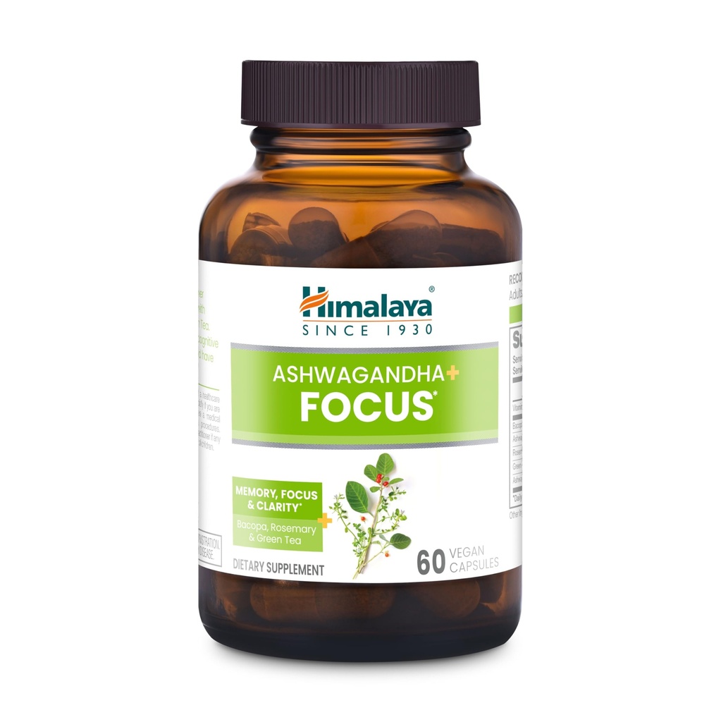 Himalaya Ashwagandha+ Focus - συμπλήρωμα εστίασης βοτάνων με B12, Rosemary, Πράσινο Τσάι, και Bacopa Nootropics για Μνήμη και Καθαρότητα - Vegan, Μη ΓΤΟ, Χωρίς Γλουτένη, 1690 mg, 60 Caplets