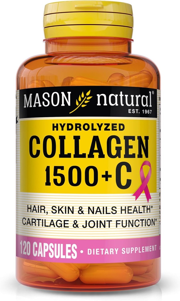 MASON NATURAL 1500mg Collagen with Vitamin C, Biotin, & Calcium, 40 Day Supply Capsules, Supplement for Hair, Skin, and Nails.