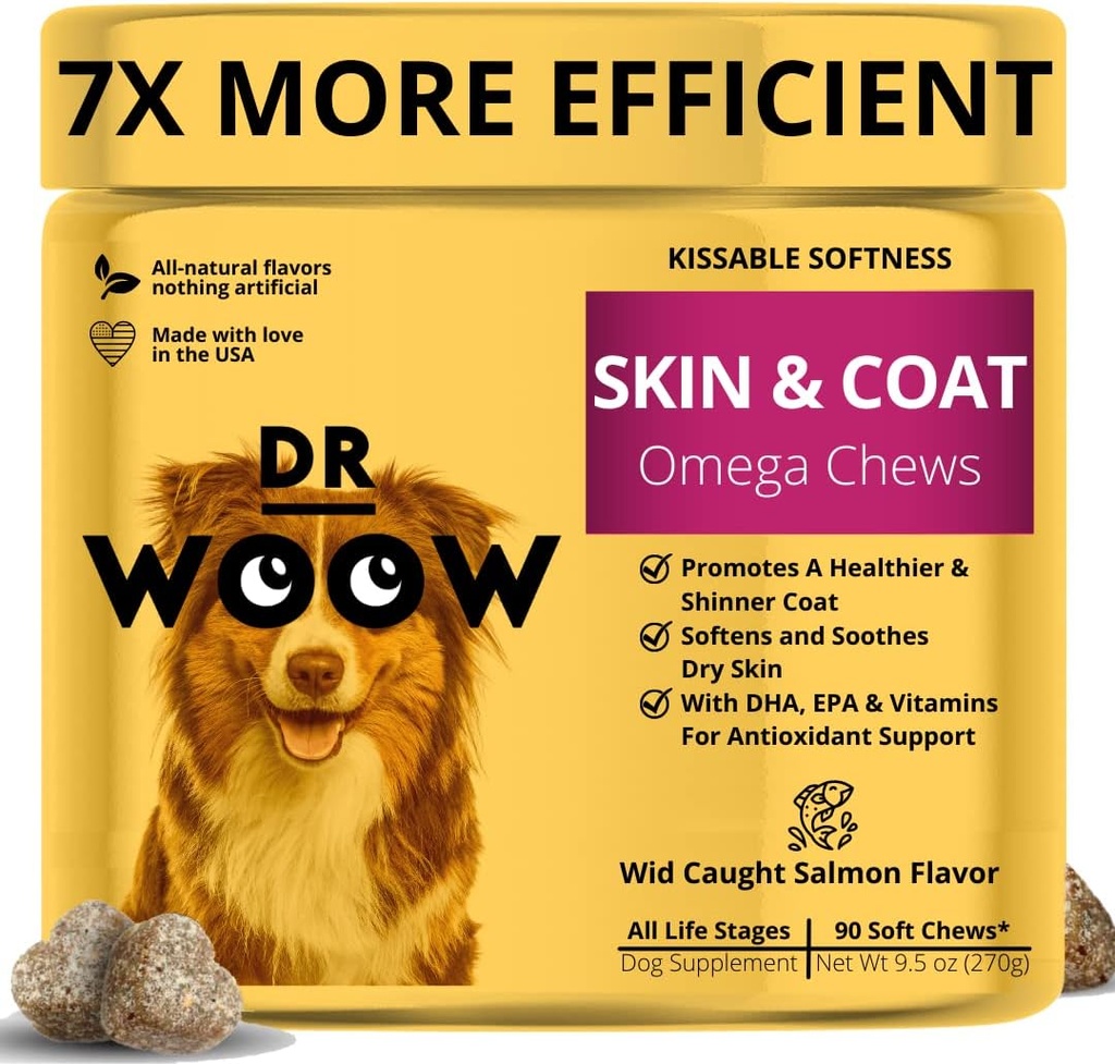 Omega Wild Alaska Salmon Fish Oil 90 ct Μαλακά μάσημα για το σκύλο - Anti Itch & Coat + Αλλεργία Υποστήριξη, με Kelp, Βιοτίνη, Βιταμίνες, Ψευδάργυρος - Βοηθά Itsy δέρμα, αλλεργίες σκύλου, Μπορεί να μειώσει το χύσιμο