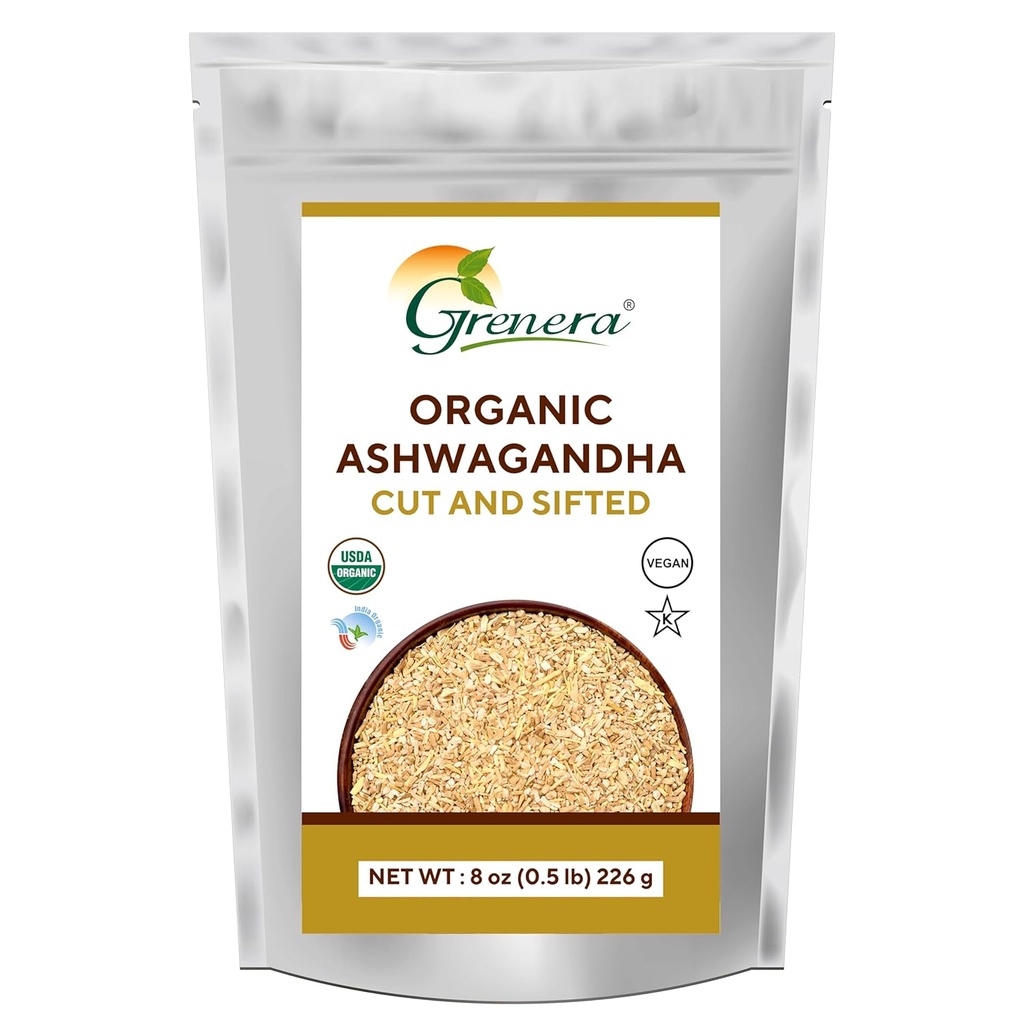 Grenera Organic Ashwagandha Root Cut and Sifted 8 oz, Withania Somnifera USDA Certified 3 to 5 mm Size, Best for Making Herbal Tea