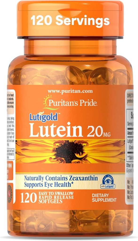 Puritan's Pride Premium Lutigold™ Lutein Carotenoid 20mg with Zeaxanthin for Men and Women, Dietary Supplement for Eye Health Support, 8 Month Supply, 120 Easy-to-Swallow Softgels