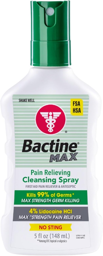 Bactine Max Pain Relieve Antiseptic Spray με Λιδοκαΐνη, Πόνος Πρώτων Βοηθειών + Itch Relief, No-Sting, Σκοτώνει 99% των Germs*, 5oz