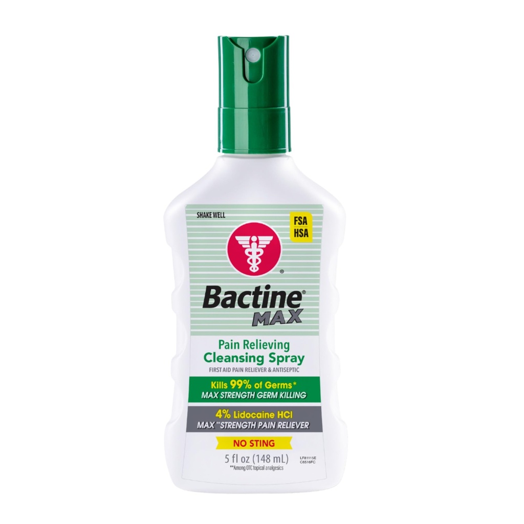 Bactine Max Pain Relieve Antiseptic Spray με Λιδοκαΐνη, Πόνος Πρώτων Βοηθειών + Itch Relief, No-Sting, Σκοτώνει 99% των Germs*, 5oz