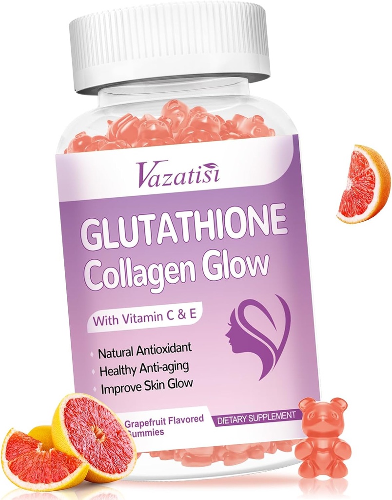 Glutathione Collagen Glow Gummies, Κολλαγόνο Gummies με Βιταμίνη C, E, Γλουταθειόνη Συμπλήρωμα για τις γυναίκες, Δερματική Φροντίδα, Αντιγηραντική, Grapefruit Γεύση, 60 Count