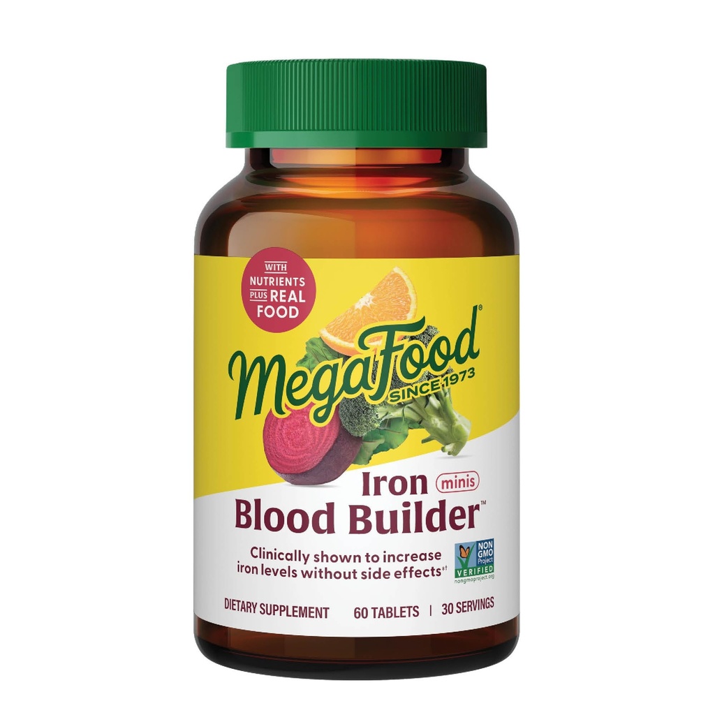MegaFood Blood Builder Iron Supplement for Women & Men - Αυξήστε τα επίπεδα σιδήρου χωρίς παρενέργειες - Καταπολέμηση της κόπωσης - Βιταμίνη Β12, Φολικό οξύ & βιταμίνη C - Vegan - 60 Mini Tablets (30 μερίδες)