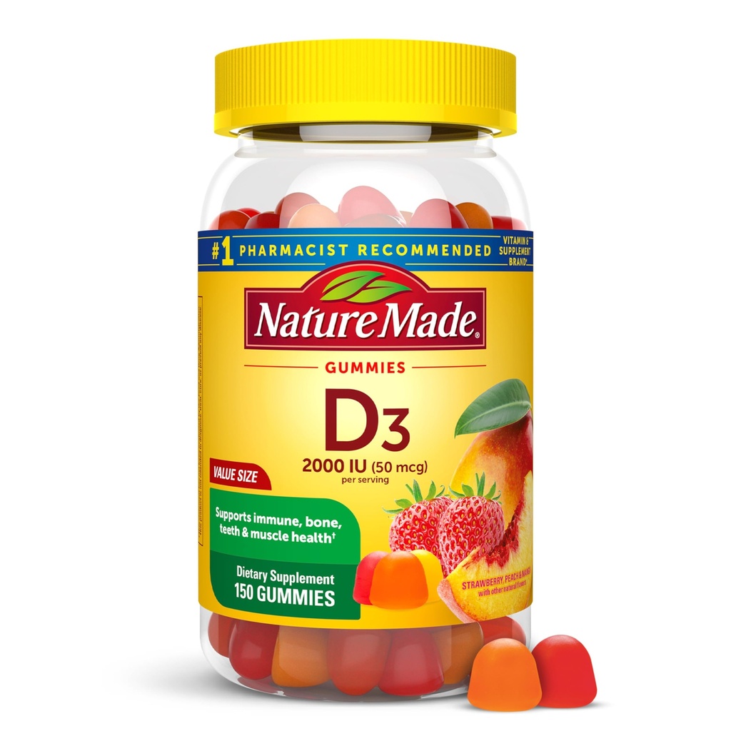 Nature Made Vitamin D3 2000 IU Per Serving Gummies, Bone, Teeth, Muscle and Immune Health Support, 75 Day Supply, 150 Vitamin D Gummies for Adults