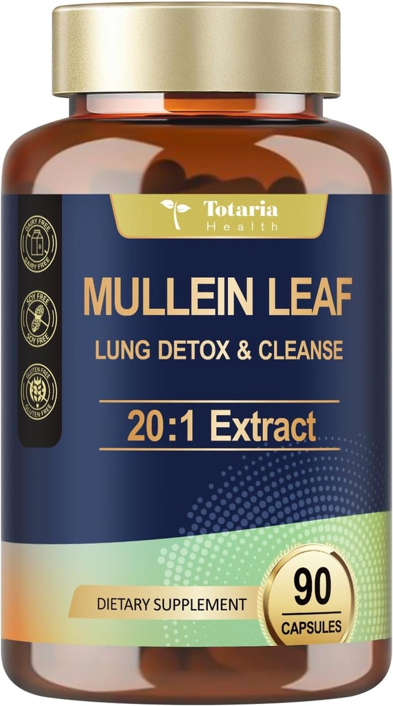Totaria Mullein Κάψουλες με Calendula για Lung Detox & Cleanse, Mullein Leaf Extract για Lungs Βότανο Συμπληρώματα για Αναπνευστική Υγεία & Ανοσία - 90 Vegan Caps