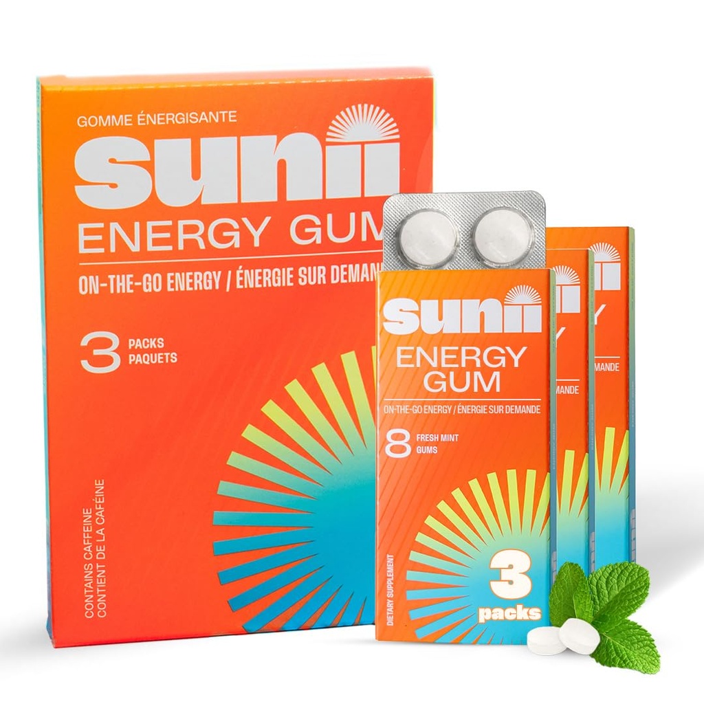 SUNII ENERGY GUM - New Quick Boost Energy & Focus - 50mg Caffeine Gum - Βιταμίνες B6 & B12, Ταυρίνη, Vegan, Χωρίς Ζάχαρη, Μηδέν θερμίδες, Φρέσκο γεύση μέντας - Γρηγορότερα από Chews, Ποτά, Gels & Χάπια (24pcs)