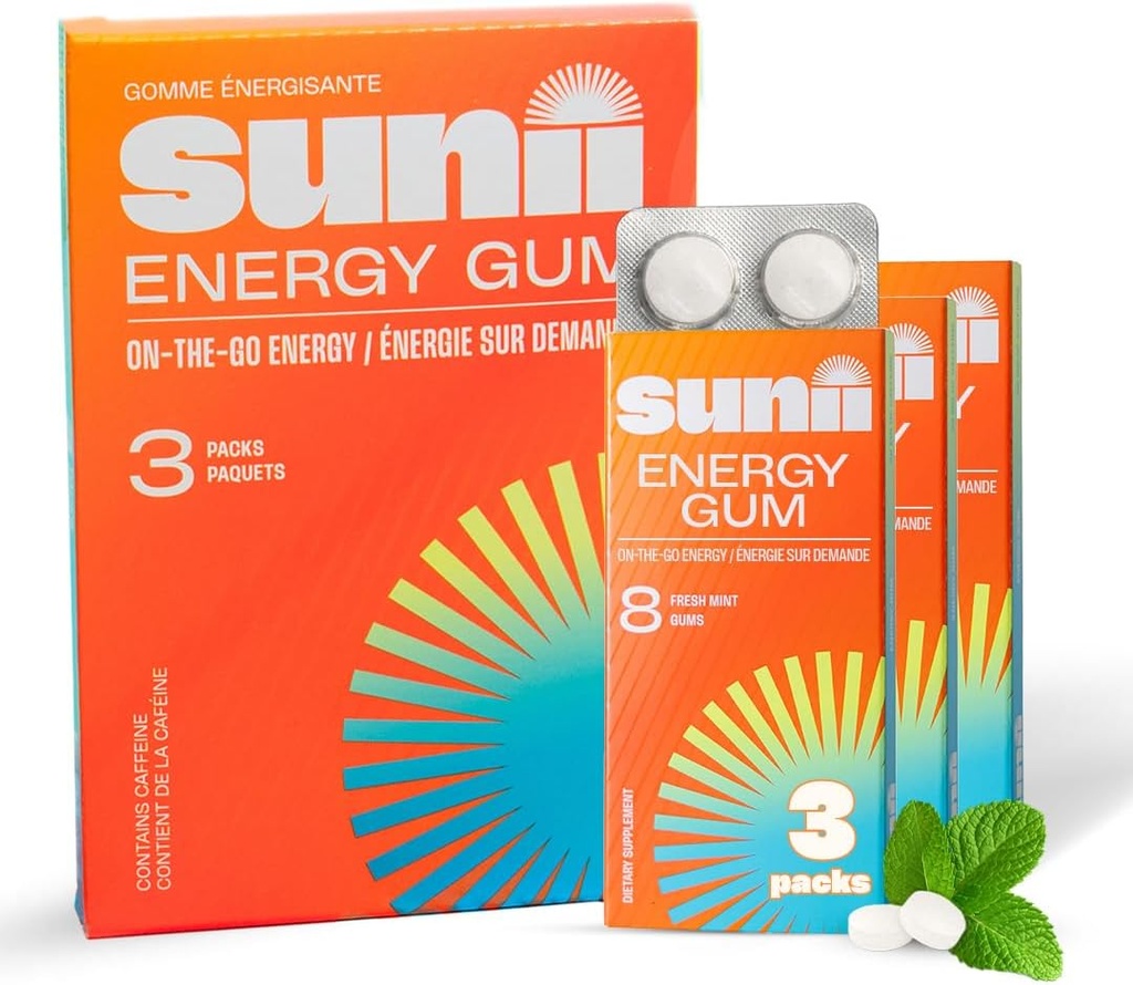 SUNII ENERGY GUM - New Quick Boost Energy & Focus - 50mg Caffeine Gum - Βιταμίνες B6 & B12, Ταυρίνη, Vegan, Χωρίς Ζάχαρη, Μηδέν θερμίδες, Φρέσκο γεύση μέντας - Γρηγορότερα από Chews, Ποτά, Gels & Χάπια (24pcs)