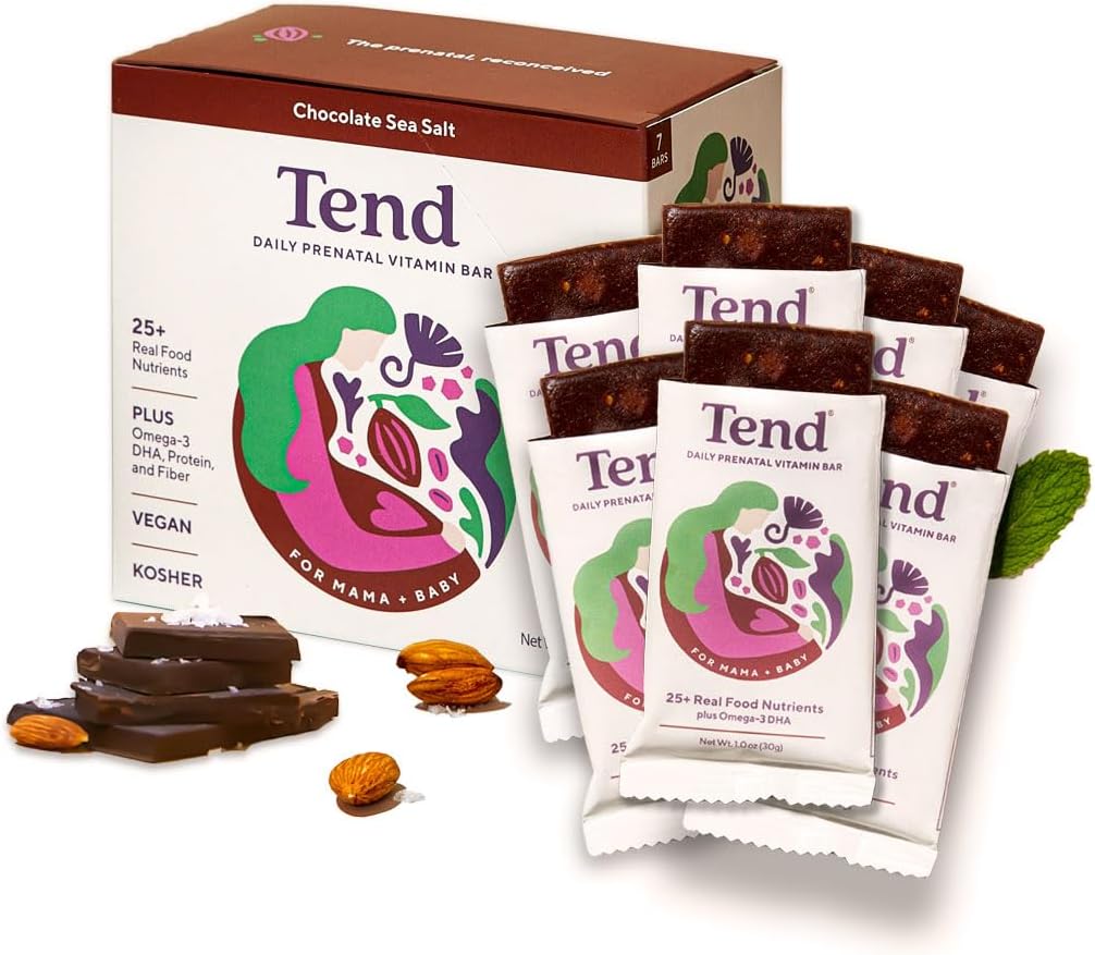 Tend Daily Best Prenatal Vitamin Bar, Φτιαγμένο με οργανικά συστατικά για Έγκυες & Επιλόχειες Μητέρες, Περιλαμβάνει DHA, Βιταμίνη D, B, Χολίνη, Φολικό - Σοκολάτα θαλασσινό αλάτι (7ct)