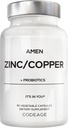 Amen Zinc & Copper Supplement + Probiotics, 3 Μήνες Προσφορά, Μία ανά ημέρα - 50 mg Zinc Picolinate Vitamin Pills - Essential Minerals Supplements – 2 δισεκατομμύρια CFUs Probiotic – Vegan, Non-GMO, 90 Κάψουλες