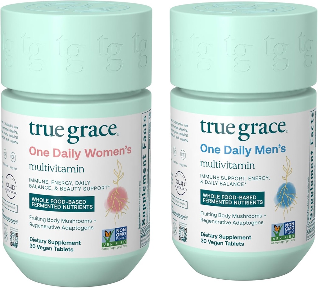 True Grace Μία καθημερινή πολυβιταμίνη ανδρών (30 Vegan Tablets) + Μία καθημερινή πολυβιταμίνη γυναικών (30 Vegan Tablets) - Μη ΓΤΟ & Χωρίς γλουτένη - 30-Ημέρα προσφοράς του καθενός