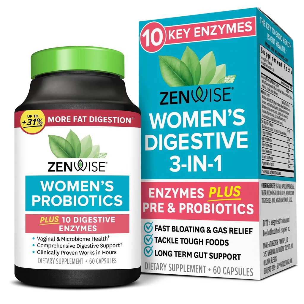Zenwise Health 3-in-1 Γυναικείο Προβιοτικό συμπλήρωμα για την Digestive, Gut Flora & Κολπική Υγεία - Καθημερινή Προβιοτικά & Πρεβιοτικά για γυναίκες με Digestive Ένζυμα Υποστηρίζει Bloating & Gas Relief - 60 Count