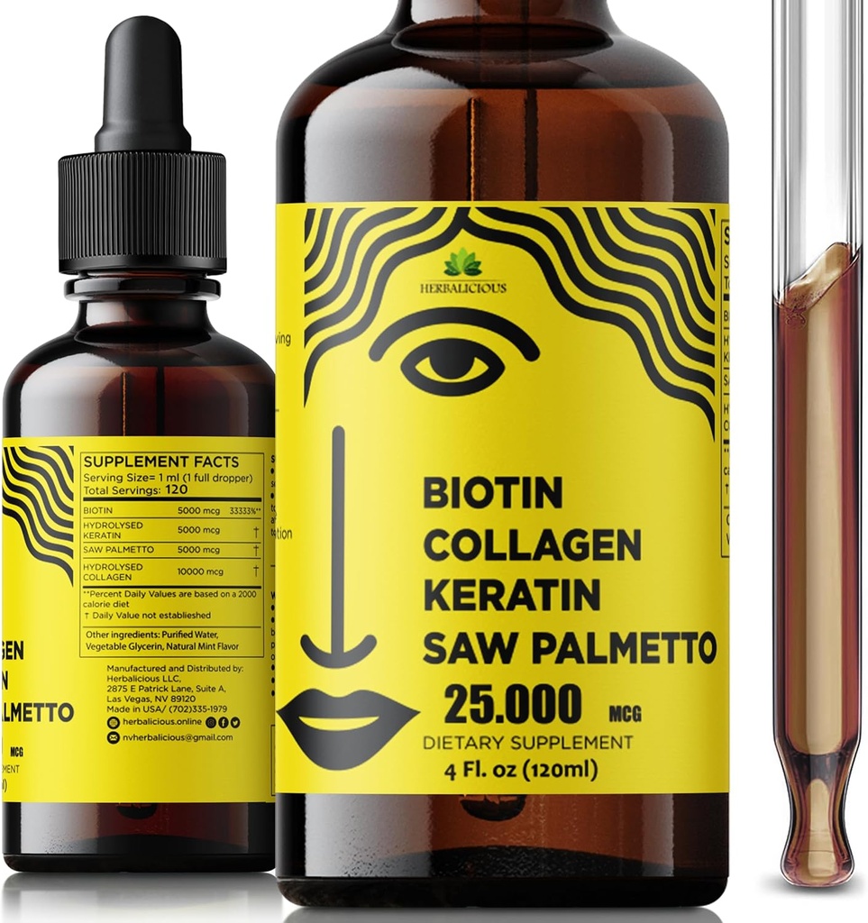 Liquid Biotin Collagen Keratin 4fl oz Liquid Συμπληρώματα για τις γυναίκες - Comprehensive Formula Hair Skin Nails Συμπλήρωμα με 10000mcg Collagen 5000 mcg Biotin 5000 mcg Keratin 5000 mcg Saw Palmetto
