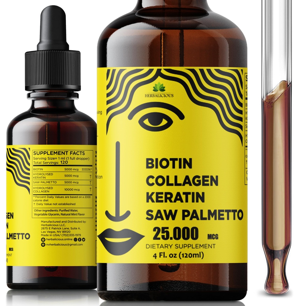 Liquid Biotin Collagen Keratin 4fl oz Liquid Supplements for Women - Comprehensive Formula Hair Skin Nails Supplement with 10000mcg Collagen 5000 mcg Biotin 5000 mcg Keratin 5000 mcg Saw Palmetto