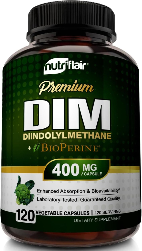 Συμπλήρωμα NutriFlair DIM 400mg με Bioperine, 120 Κάψουλες - Diindolylmethane - Οιστρογόνου Μεταβολισμού Υποστήριξη & Ορμονική Ισορροπία, Εμμηνόπαυση, PSOS, Ακμή και Δερματική Φροντίδα για Άνδρες & Γυναίκες - Σε σύγκριση με 300mg