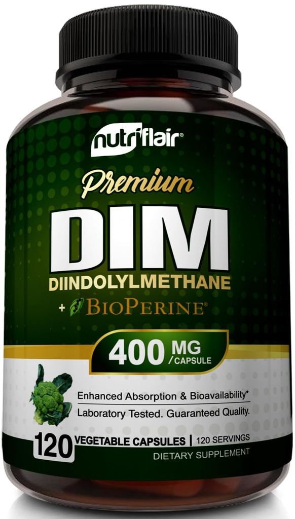 Συμπλήρωμα NutriFlair DIM 400mg με Bioperine, 120 Κάψουλες - Diindolylmethane - Οιστρογόνου Μεταβολισμού Υποστήριξη & Ορμονική Ισορροπία, Εμμηνόπαυση, PSOS, Ακμή και Δερματική Φροντίδα για Άνδρες & Γυναίκες - Σε σύγκριση με 300mg