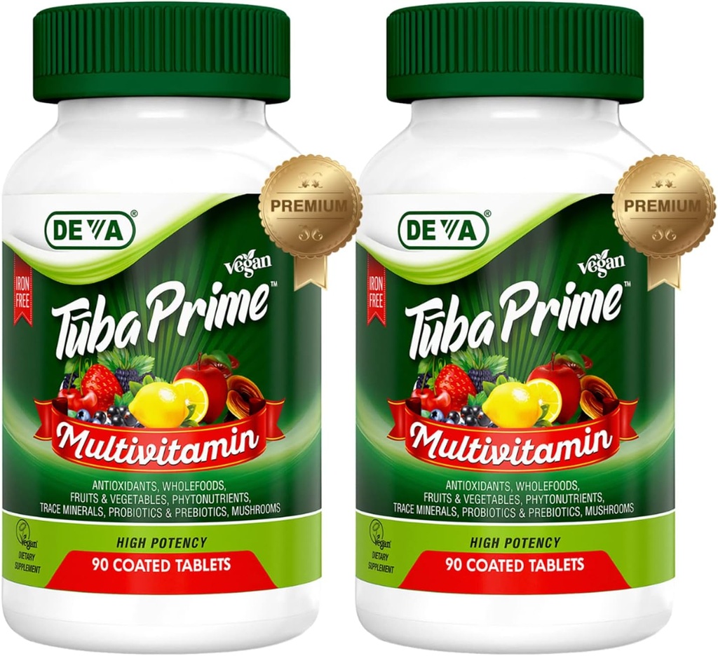 DEVA Tuba Prime Vegan Multivitamin Iron-Free Υψηλής ισχύος συμπλήρωμα βιταμίνης & ορυκτής διατροφής Αντιοξειδωτικά, Φρούτα & Veg Blend, Super Μανιτάρια, Προβιοτικά, Προβιοτικά, Σπόροι, Βότανα 90 Tabs 2-Pack